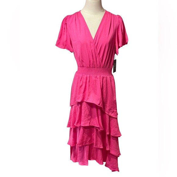 NWT - Vince Camuto Hot Pink Tiered Satin Midi Dress Size XS - Picture 2 of 7